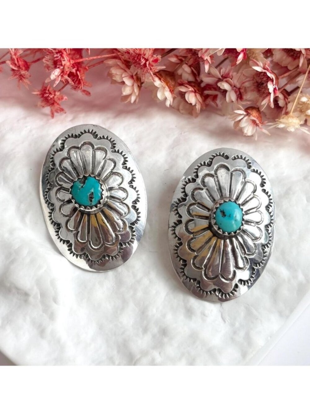 American Southwest Made Turquoise Handcarved Vintage Silver Toned Stud Earrings